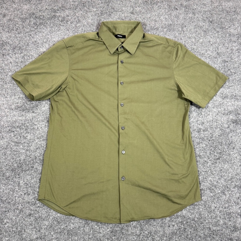 Theory Irving Short Sleeve Structure Knit Mens Large Olive Green Cotton Mix EUC